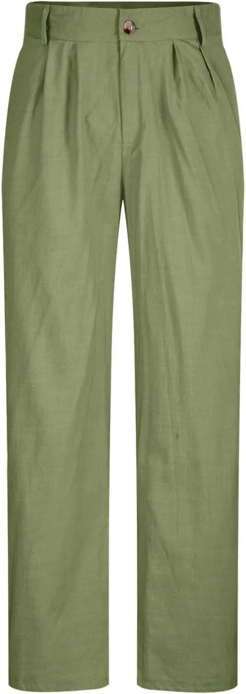 Cotton Linen Pants for Men Pleated Front Trouser Straight Leg Suit Trousers Solid Color Office Trouser Linen Pant
