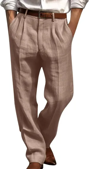 Cotton Linen Pants for Men Pleated Front Trouser Straight Leg Suit Trousers Solid Color Office Trouser Linen Pant