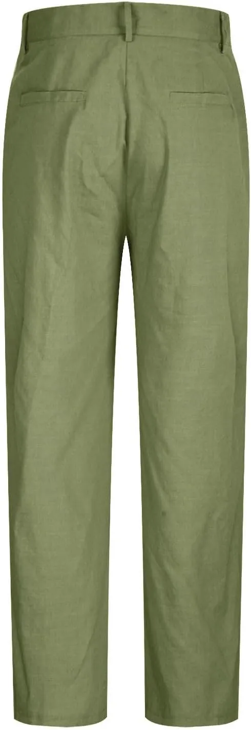 Cotton Linen Pants for Men Pleated Front Trouser Straight Leg Suit Trousers Solid Color Office Trouser Linen Pant