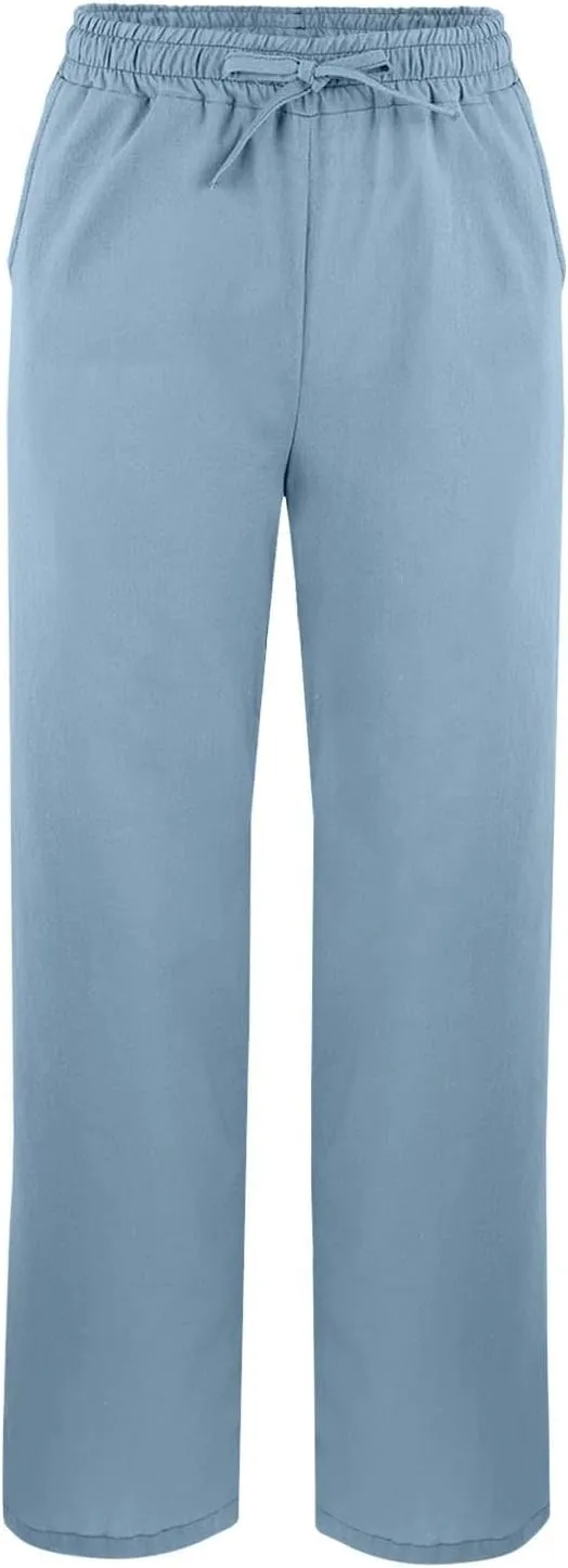 Cotton Linen Pants Women Elastic High Waist Straight Leg Lounge Drawstring Casual Summer Trouser with Pockets
