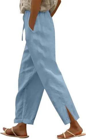 Cotton Linen Pants Women Elastic High Waist Straight Leg Lounge Drawstring Casual Summer Trouser with Pockets