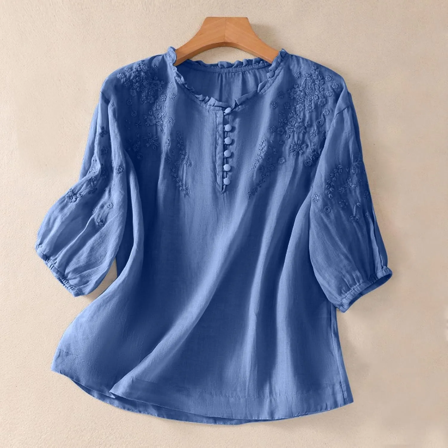 Cotton Linen Shirt for Women 2025 Summer Crewneck Button Embroidered Short Sleeve Boho Blouse Dressy Casual Vacation Top