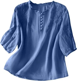 Cotton Linen Shirt for Women 2025 Summer Crewneck Button Embroidered Short Sleeve Boho Blouse Dressy Casual Vacation Top