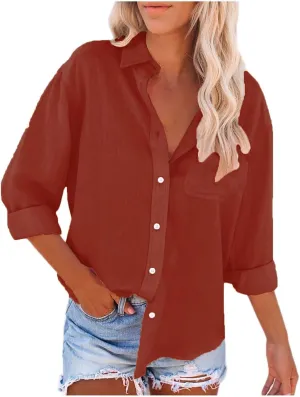 Cotton Linen Shirts for Women with Pockets Long Sleeve Button Down Oversized Tshirts Ladies Vacation Beach Work Tops Clothes