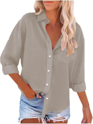 Cotton Linen Shirts for Women with Pockets Long Sleeve Button Down Oversized Tshirts Ladies Vacation Beach Work Tops Clothes