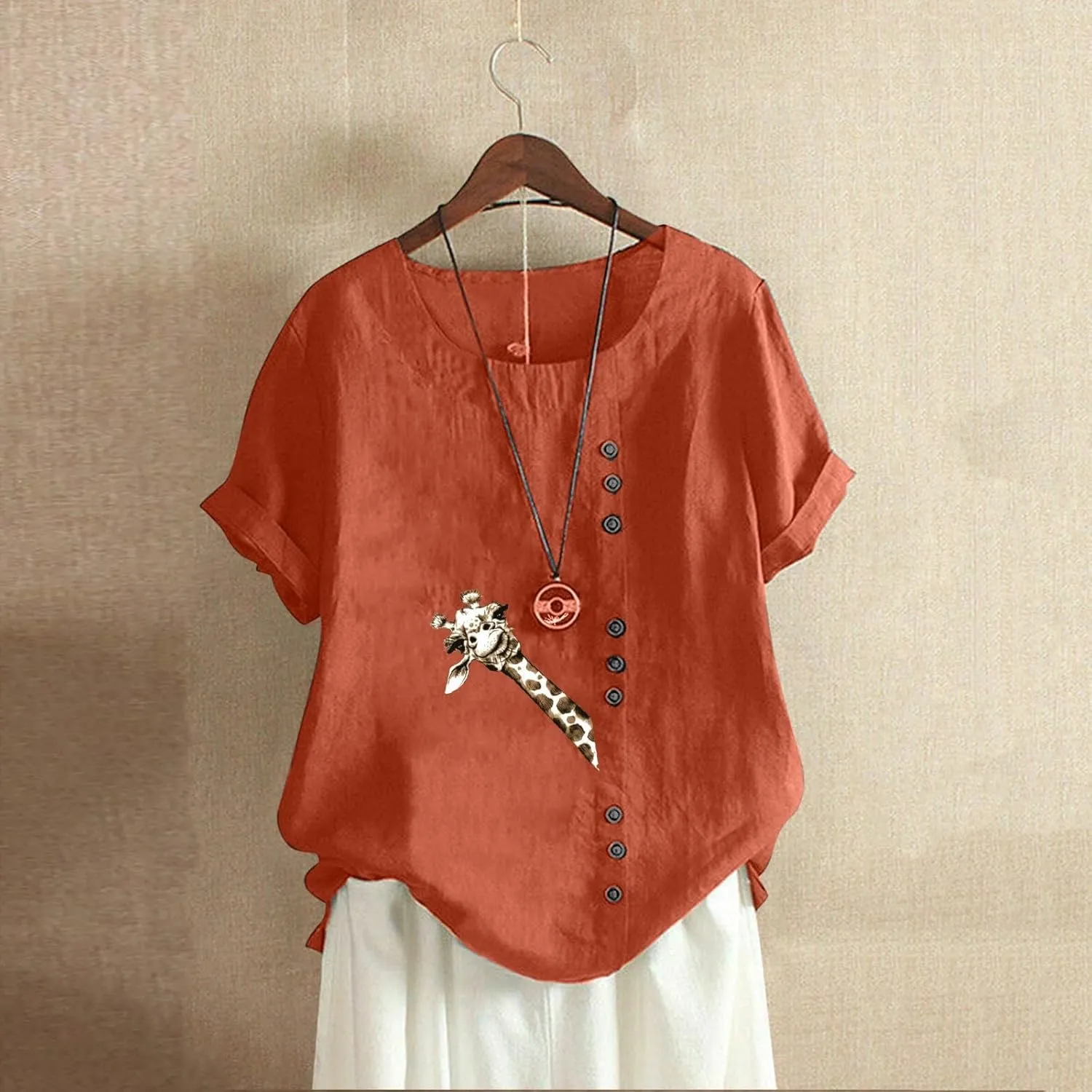 Cotton Linen Tops for Women Short Sleeve Round Neck T Shirts Oversized Embroidery Floral Printed Loose Blouses S-5XL