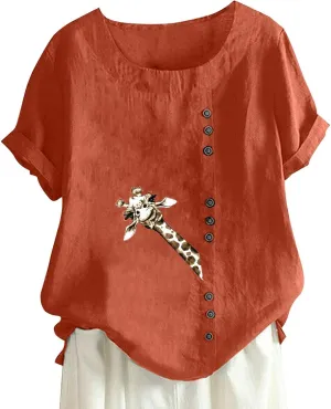 Cotton Linen Tops for Women Short Sleeve Round Neck T Shirts Oversized Embroidery Floral Printed Loose Blouses S-5XL