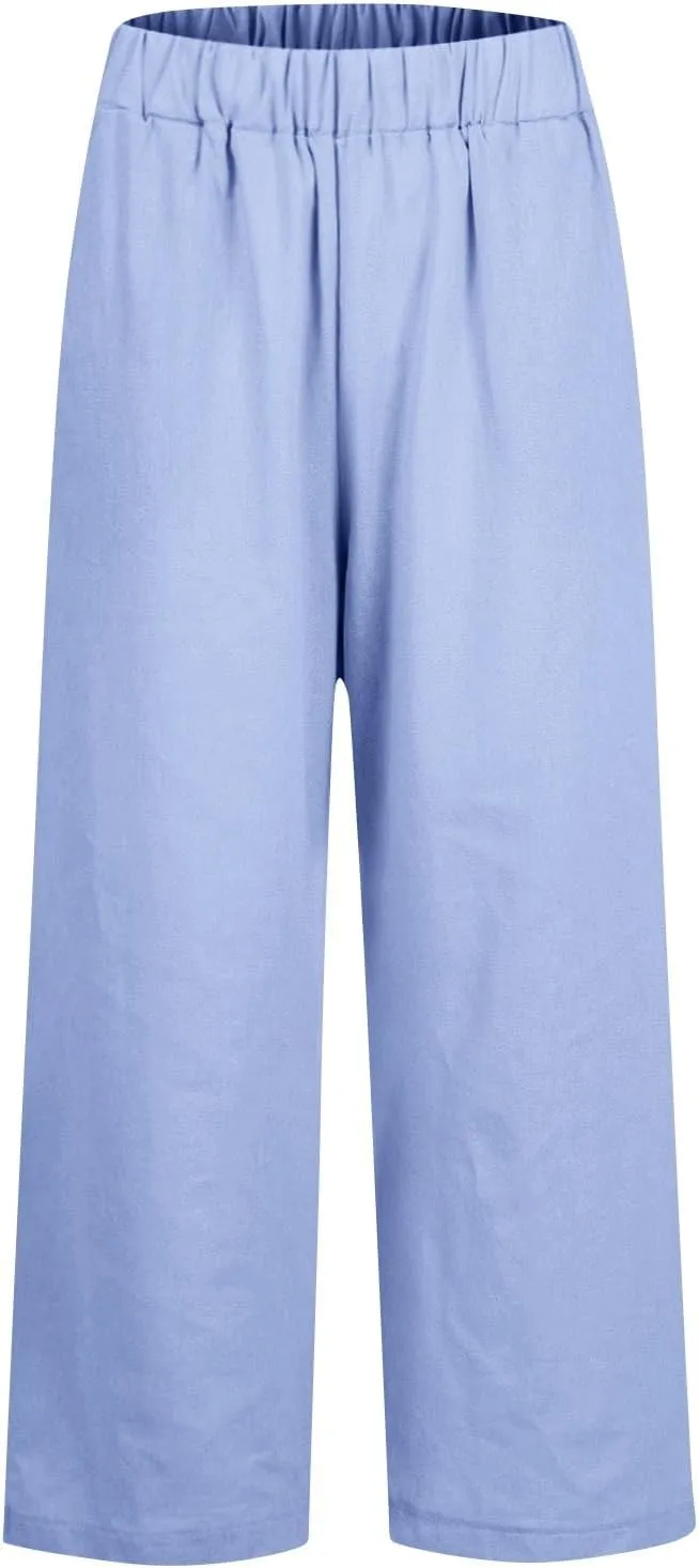 Cropped Linen Pants Women Summer Elastic Waist Straight Leg Plus Size Crop Pants Casual Beach Palazzo Trousers with Pockets