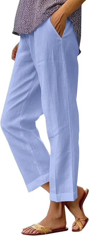 Cropped Linen Pants Women Summer Elastic Waist Straight Leg Plus Size Crop Pants Casual Beach Palazzo Trousers with Pockets