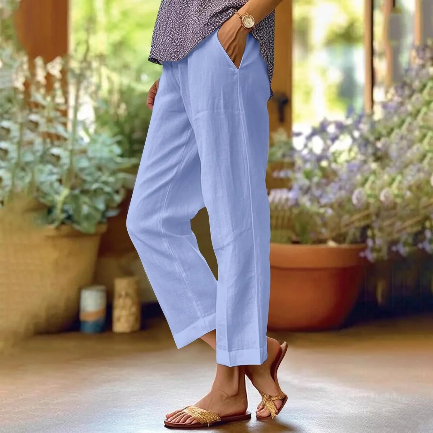 Cropped Linen Pants Women Summer Elastic Waist Straight Leg Plus Size Crop Pants Casual Beach Palazzo Trousers with Pockets