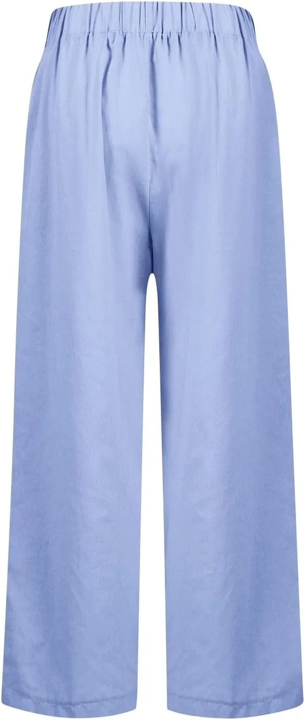 Cropped Linen Pants Women Summer Elastic Waist Straight Leg Plus Size Crop Pants Casual Beach Palazzo Trousers with Pockets