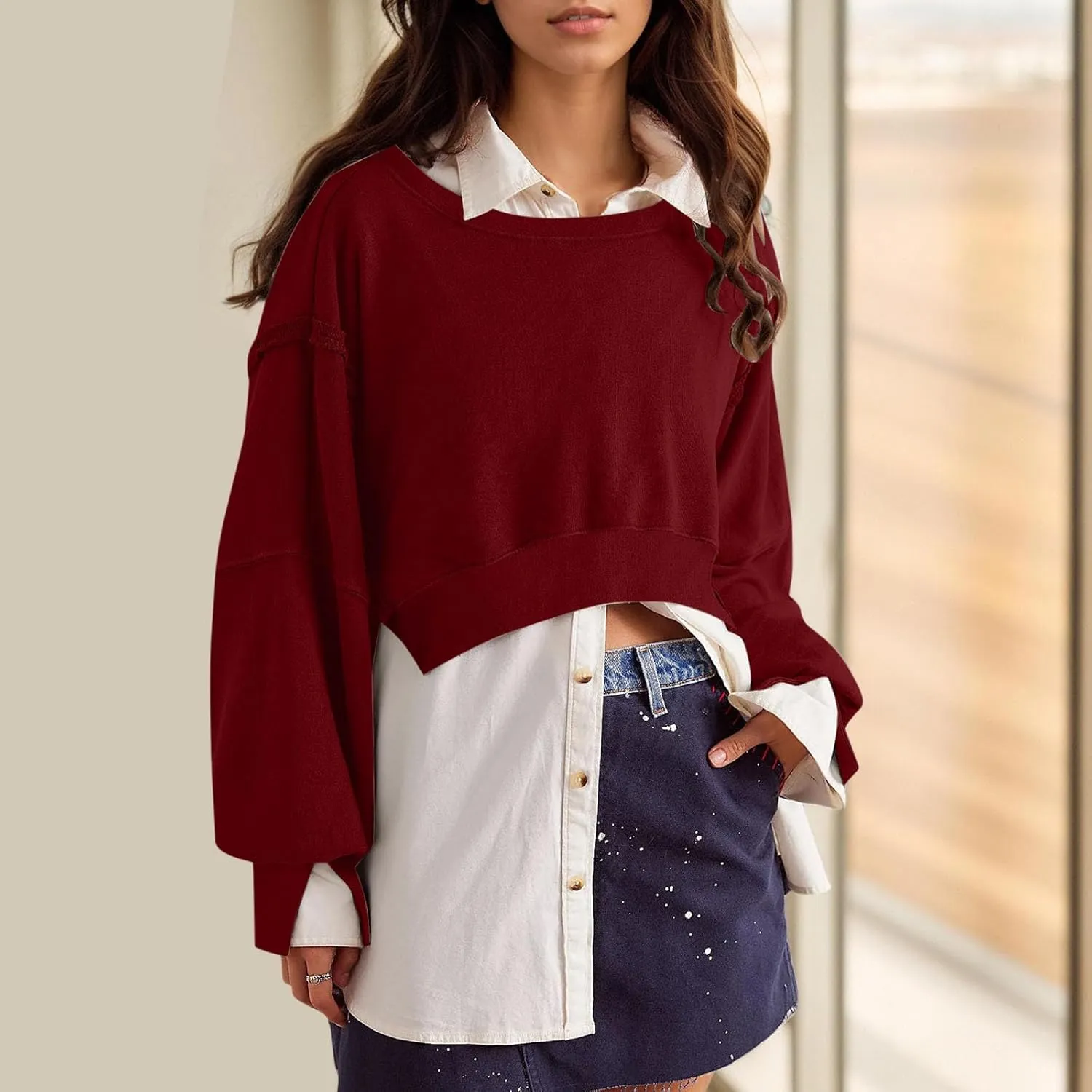 Cropped Sweatshirt For Women Fashion 2024 Casual Long Sleeve Crewneck Oversized Pullover Sweatshirts Fall y2k Clothes