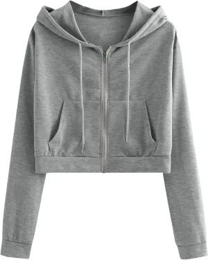 Cropped Sweatshirts for Women Zip Up Jackets Drawstring Hoodies Solid Color Sweatshirts Workout Tops with Pockets