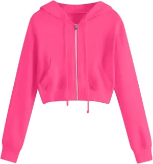 Cropped Sweatshirts for Women Zip Up Jackets Drawstring Hoodies Solid Color Sweatshirts Workout Tops with Pockets