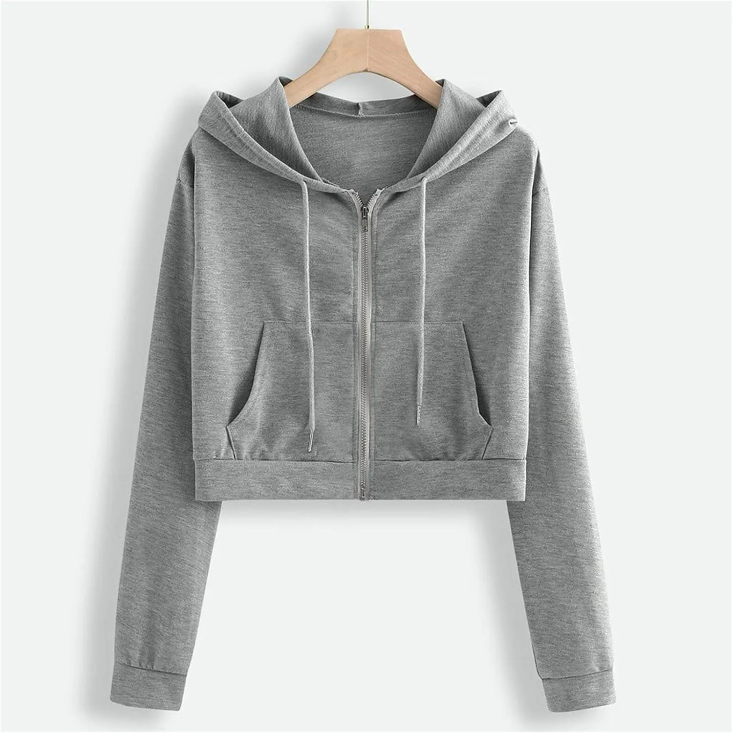 Cropped Sweatshirts for Women Zip Up Jackets Drawstring Hoodies Solid Color Sweatshirts Workout Tops with Pockets