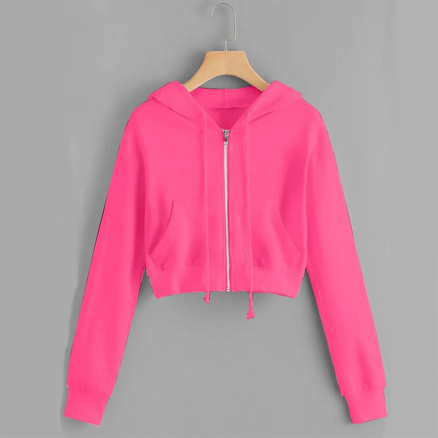 Cropped Sweatshirts for Women Zip Up Jackets Drawstring Hoodies Solid Color Sweatshirts Workout Tops with Pockets