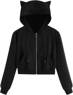 Cute Cat Ear Zip Up Hoodies for Women Teen Girls Y2K Long Sleeve Drawstring Hooded Sweatshirt Jackets with Pockets