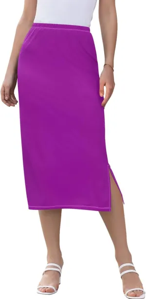 Dark Cyan Slit Skirt Midi Long Women Straight Pencil Skirts Elastic Waist Beach Skirt