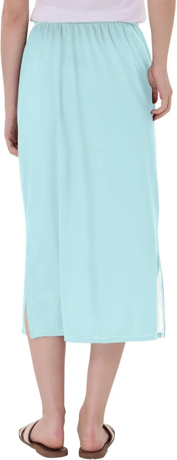 Dark Cyan Slit Skirt Midi Long Women Straight Pencil Skirts Elastic Waist Beach Skirt