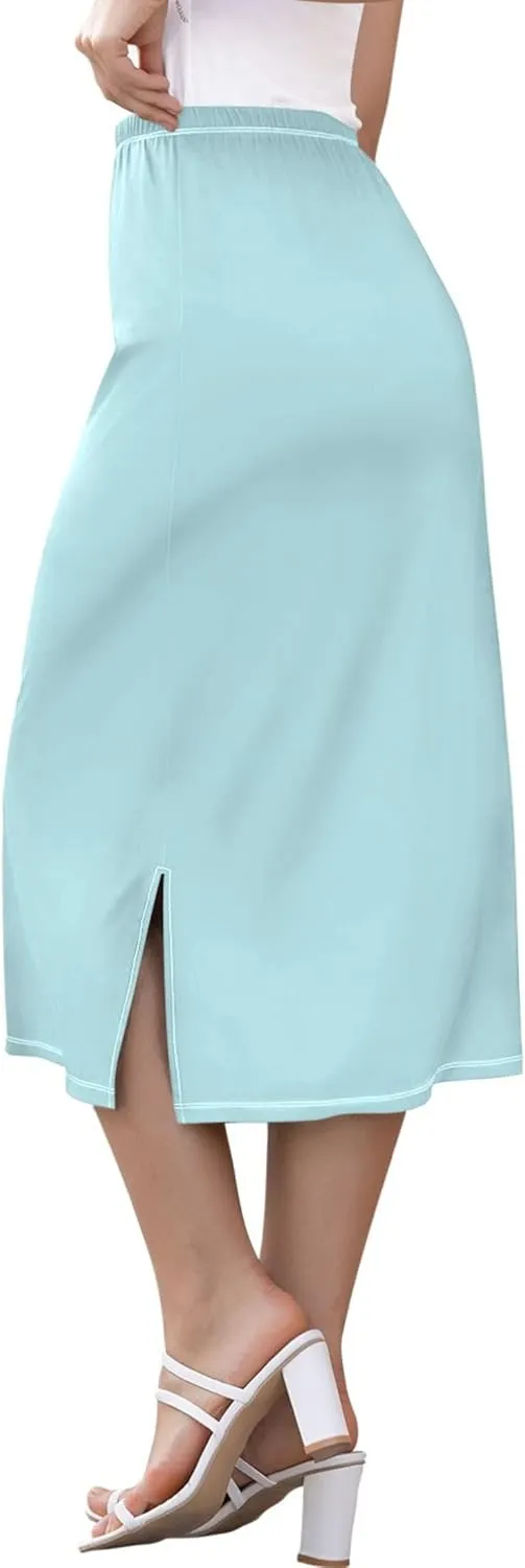Dark Cyan Slit Skirt Midi Long Women Straight Pencil Skirts Elastic Waist Beach Skirt
