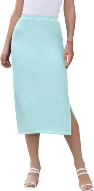 Dark Cyan Slit Skirt Midi Long Women Straight Pencil Skirts Elastic Waist Beach Skirt