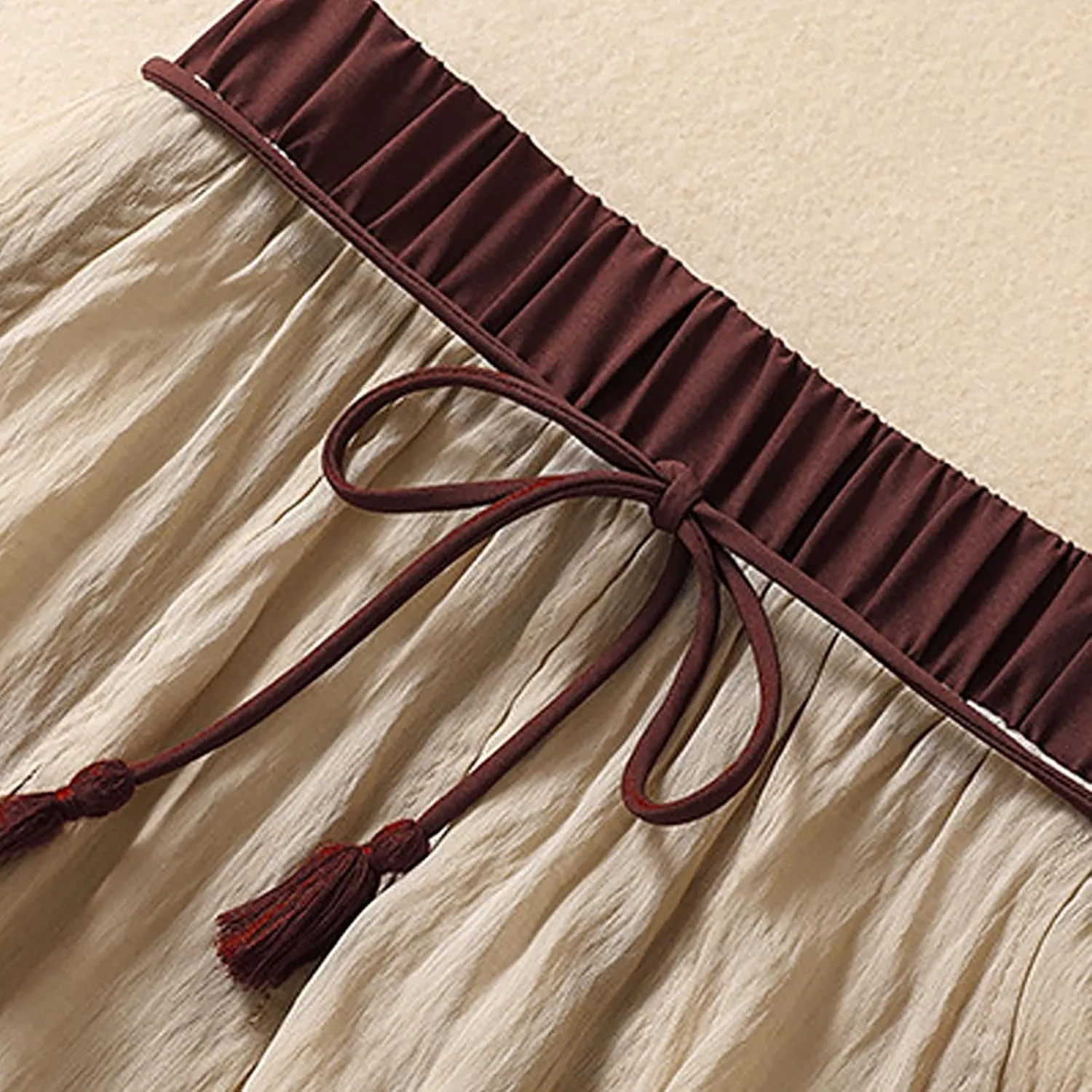 DDAPJ pyju Women's Cotton Linen Maxi Skirt with Tassel Tie Waist Summer Casual Double Layer Elastic Waist A-Line Flowy Skirts