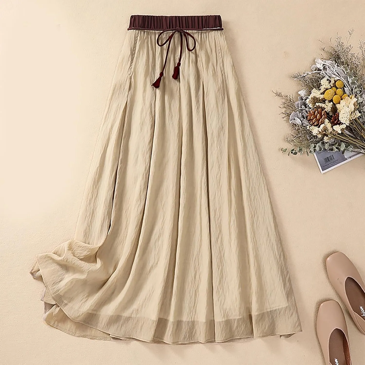 DDAPJ pyju Women's Cotton Linen Maxi Skirt with Tassel Tie Waist Summer Casual Double Layer Elastic Waist A-Line Flowy Skirts