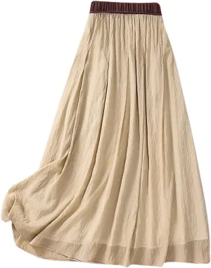 DDAPJ pyju Women's Cotton Linen Maxi Skirt with Tassel Tie Waist Summer Casual Double Layer Elastic Waist A-Line Flowy Skirts