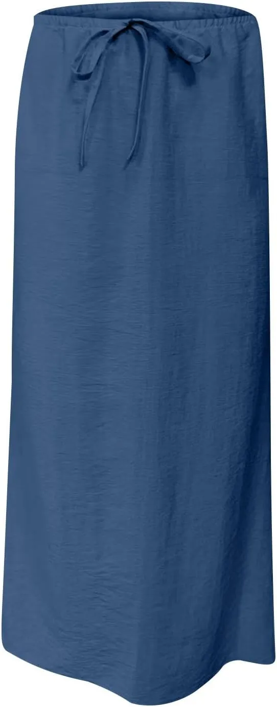 DDAPJ pyju Womens Linen Maxi Skirts Drawstring Waist A Line Skirts Beach Vacation Boho Long Skirt 2025 Summer Casual Outfits