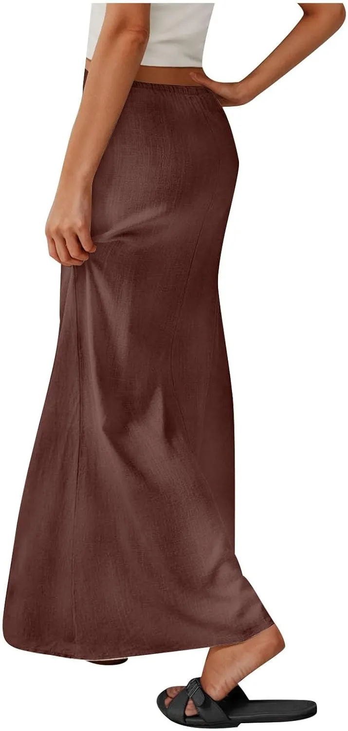 DDAPJ pyju Womens Linen Maxi Skirts Drawstring Waist A Line Skirts Beach Vacation Boho Long Skirt 2025 Summer Casual Outfits