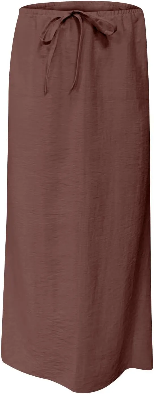 DDAPJ pyju Womens Linen Maxi Skirts Drawstring Waist A Line Skirts Beach Vacation Boho Long Skirt 2025 Summer Casual Outfits
