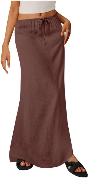 DDAPJ pyju Womens Linen Maxi Skirts Drawstring Waist A Line Skirts Beach Vacation Boho Long Skirt 2025 Summer Casual Outfits