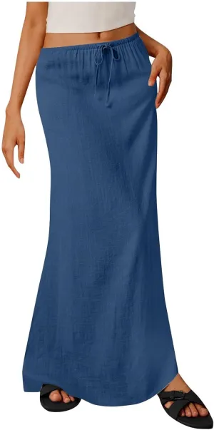 DDAPJ pyju Womens Linen Maxi Skirts Drawstring Waist A Line Skirts Beach Vacation Boho Long Skirt 2025 Summer Casual Outfits