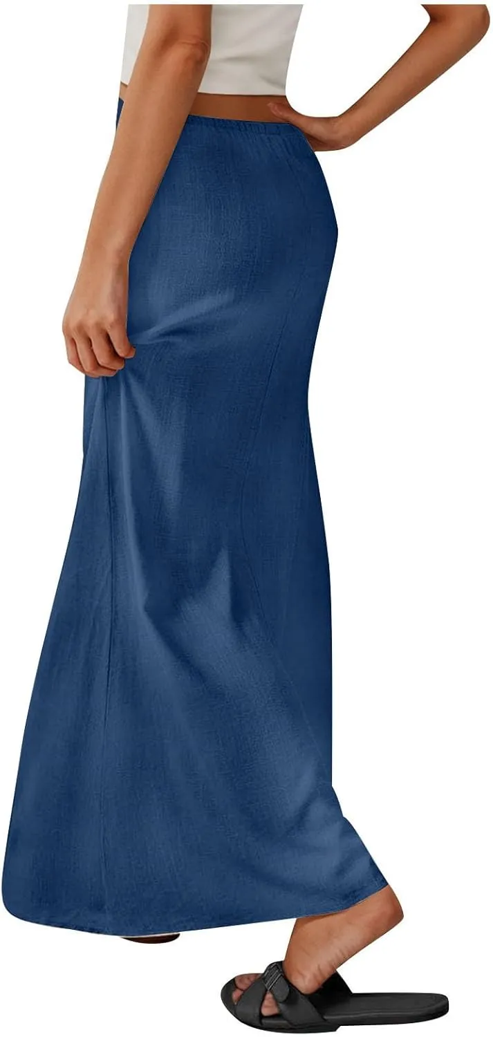 DDAPJ pyju Womens Linen Maxi Skirts Drawstring Waist A Line Skirts Beach Vacation Boho Long Skirt 2025 Summer Casual Outfits