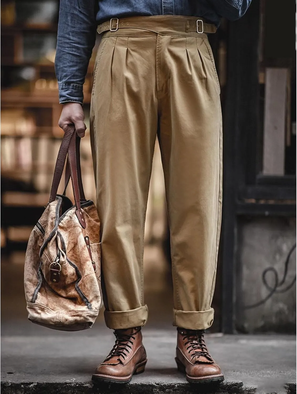 DGHM-JLMY Men's Cotton Retro Tapered Pants Straight Leg Dress Pants Flat Front Chino Pant Business Suit Trousers