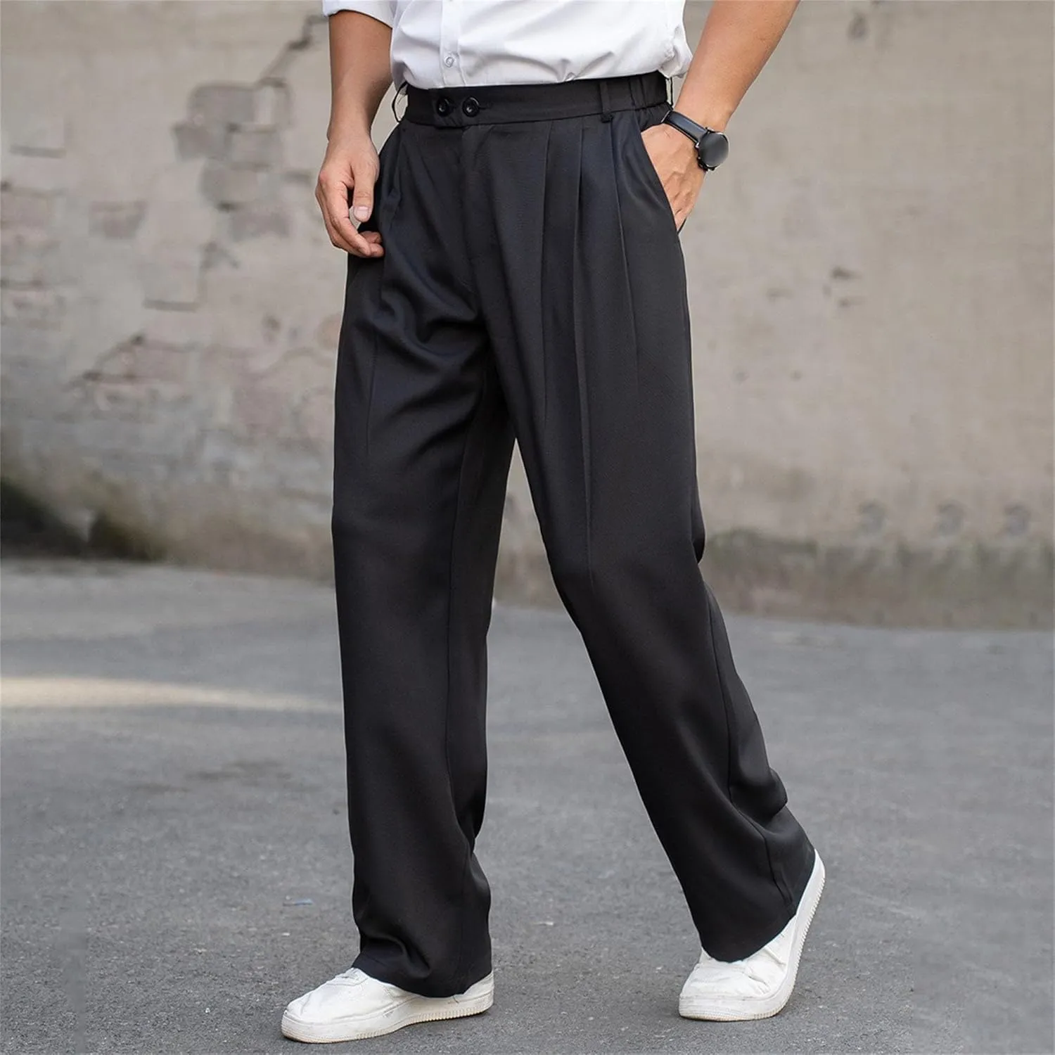 DGHM-JLMY Men's Pleated High Waist Wide Leg Pants Slacks Fashion Suit Trousers Loose Fit Casual Pants with Pocket