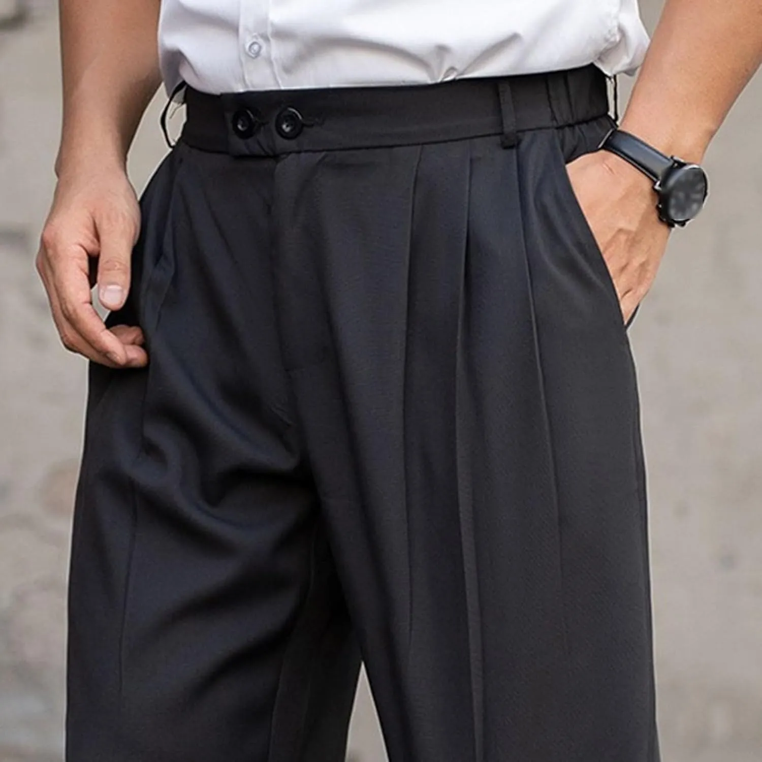 DGHM-JLMY Men's Pleated High Waist Wide Leg Pants Slacks Fashion Suit Trousers Loose Fit Casual Pants with Pocket