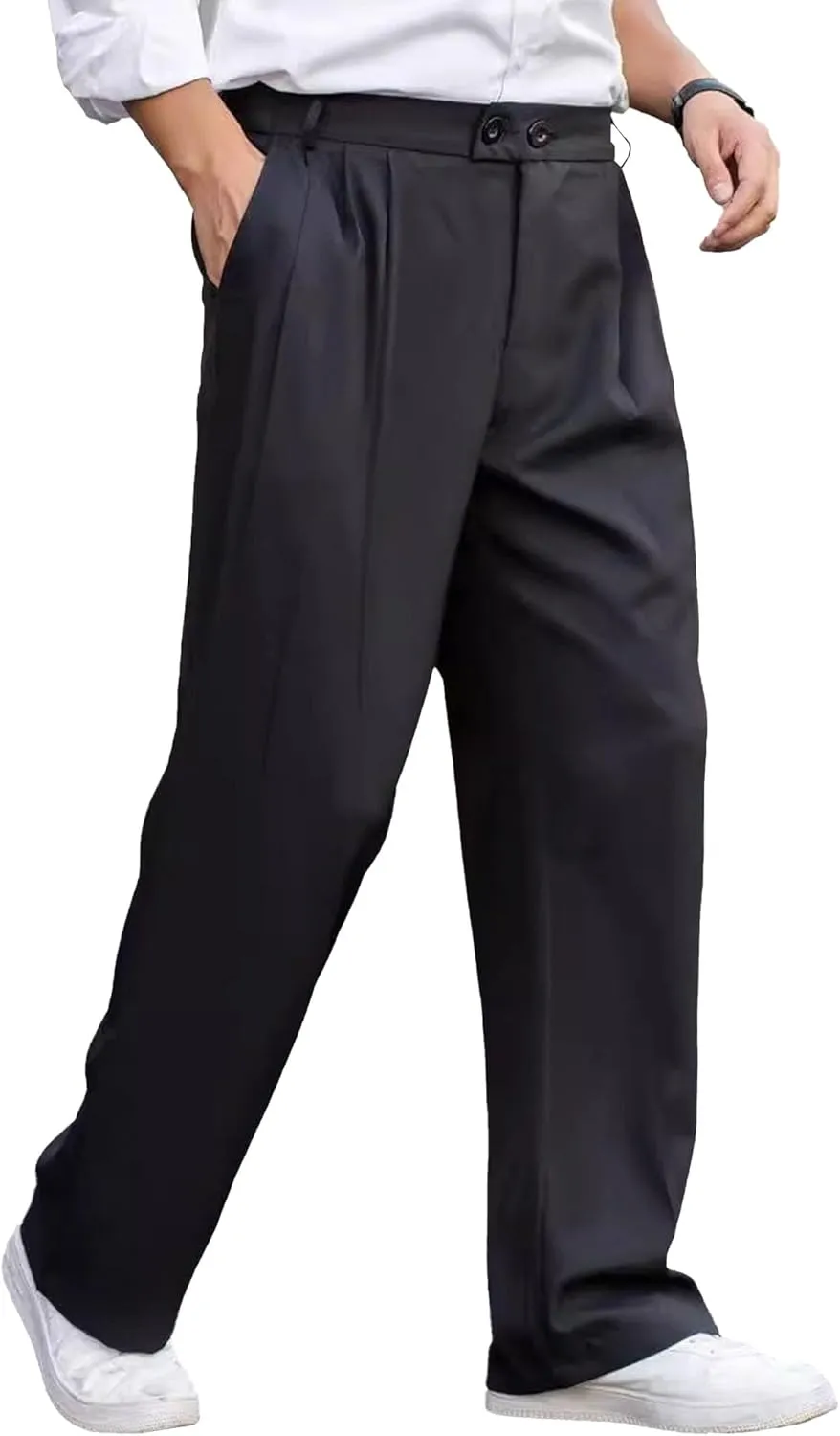 DGHM-JLMY Men's Pleated High Waist Wide Leg Pants Slacks Fashion Suit Trousers Loose Fit Casual Pants with Pocket