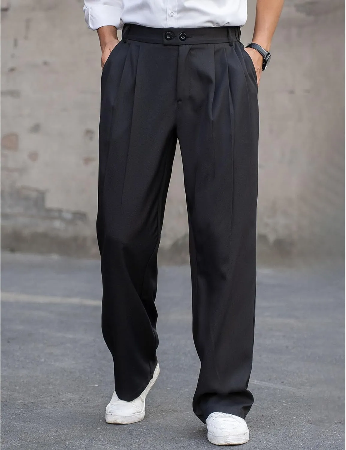 DGHM-JLMY Men's Pleated High Waist Wide Leg Pants Slacks Fashion Suit Trousers Loose Fit Casual Pants with Pocket