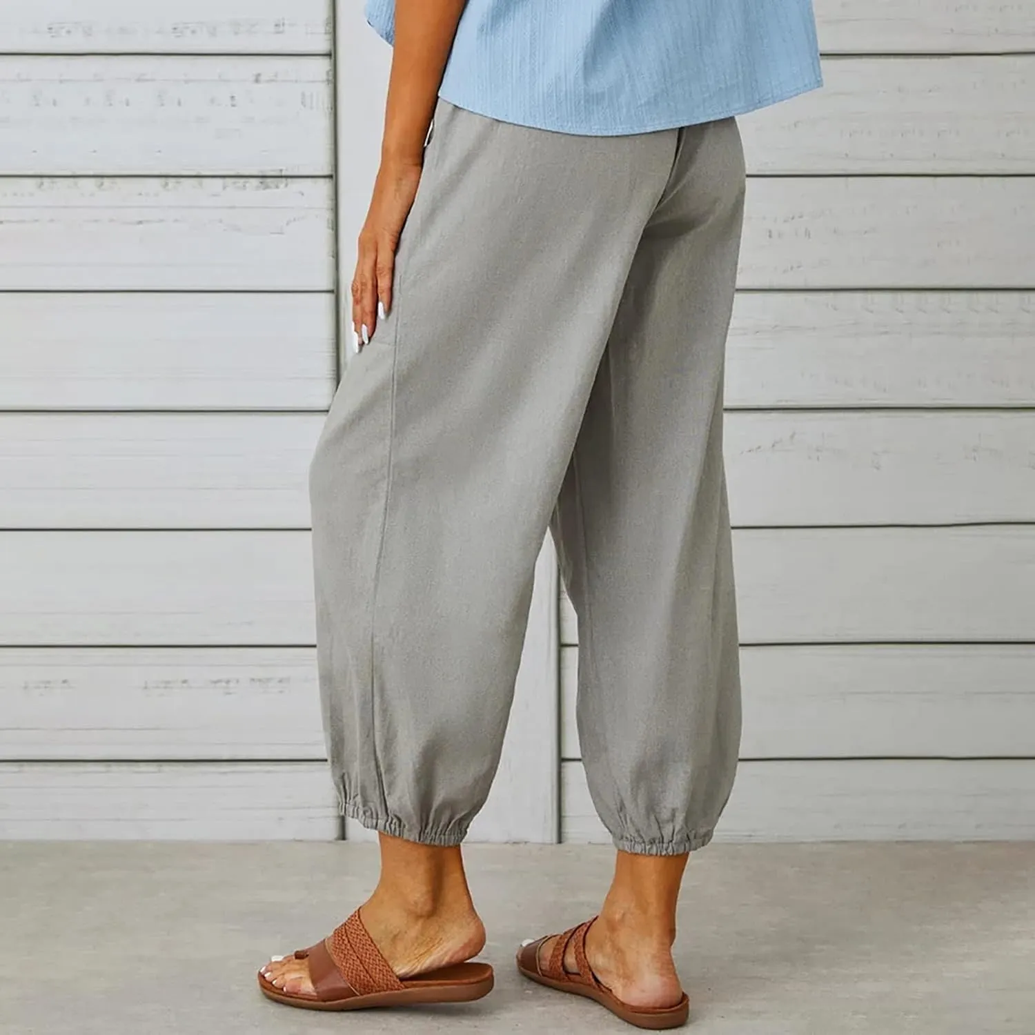 Drawstring Linen Pants for Women Loose Fit Button Down Pants High Waisted Wide Leg Pants Lounge Pants with Pockets