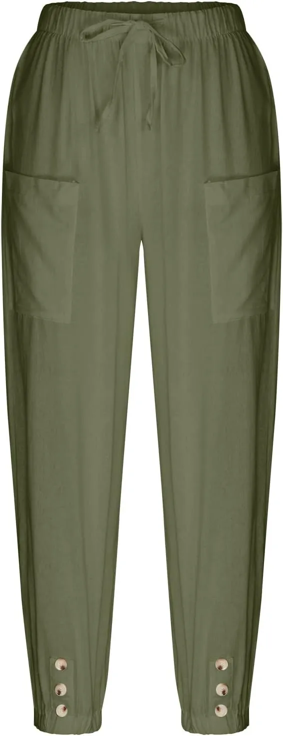 Drawstring Linen Pants for Women Loose Fit Button Down Pants High Waisted Wide Leg Pants Lounge Pants with Pockets