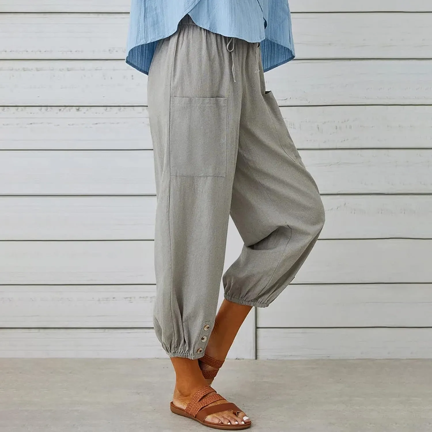 Drawstring Linen Pants for Women Loose Fit Button Down Pants High Waisted Wide Leg Pants Lounge Pants with Pockets