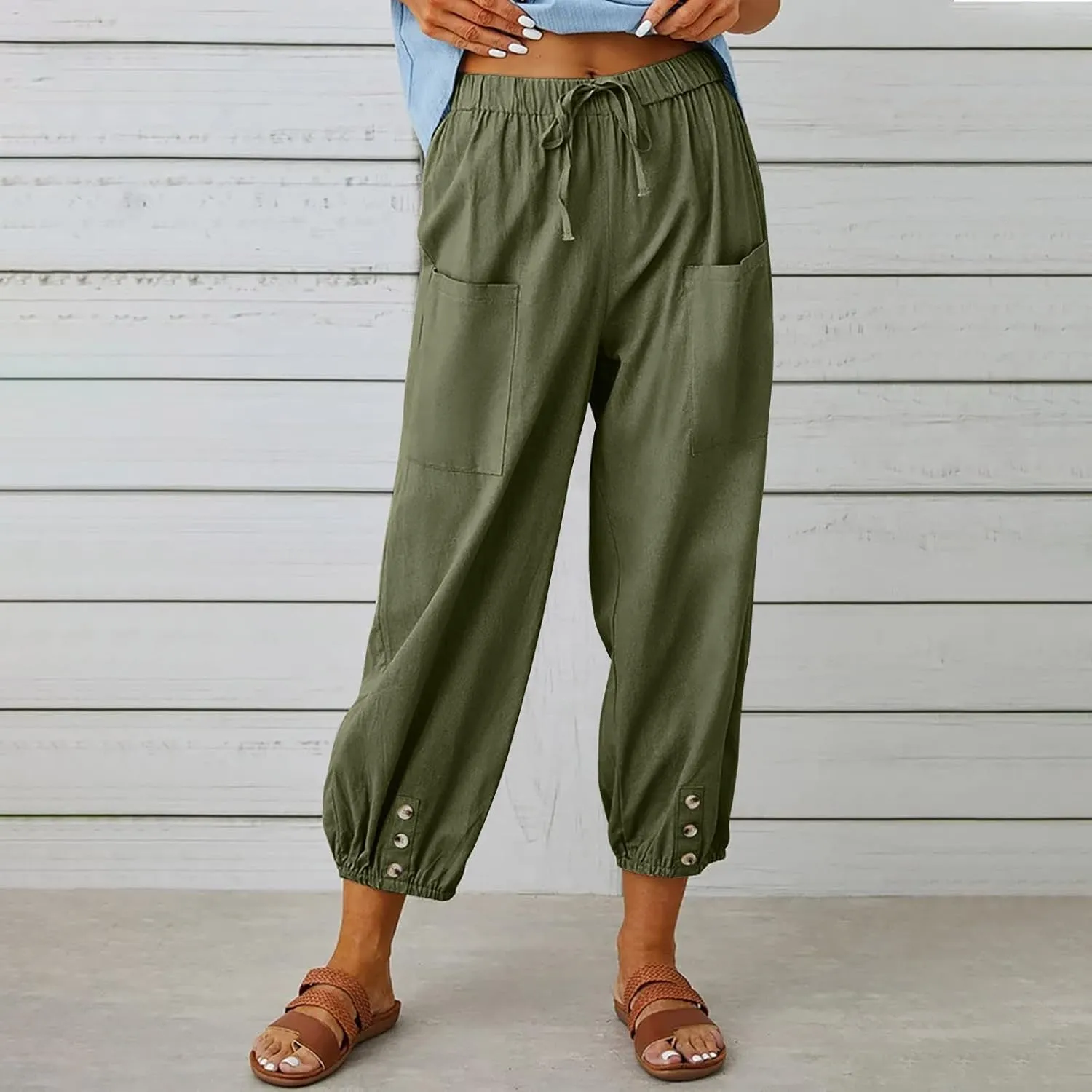 Drawstring Linen Pants for Women Loose Fit Button Down Pants High Waisted Wide Leg Pants Lounge Pants with Pockets