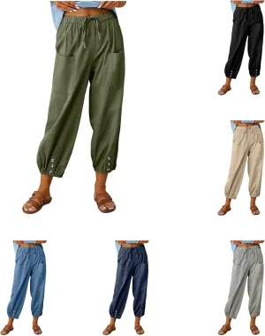 Drawstring Linen Pants for Women Loose Fit Button Down Pants High Waisted Wide Leg Pants Lounge Pants with Pockets
