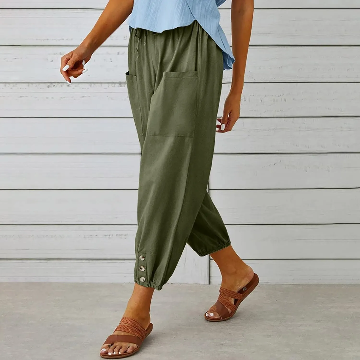Drawstring Linen Pants for Women Loose Fit Button Down Pants High Waisted Wide Leg Pants Lounge Pants with Pockets