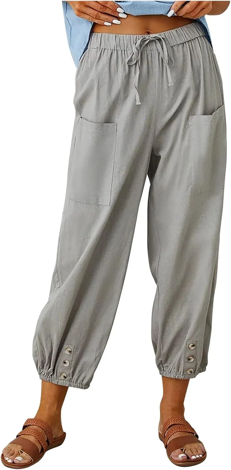 Drawstring Linen Pants for Women Loose Fit Button Down Pants High Waisted Wide Leg Pants Lounge Pants with Pockets