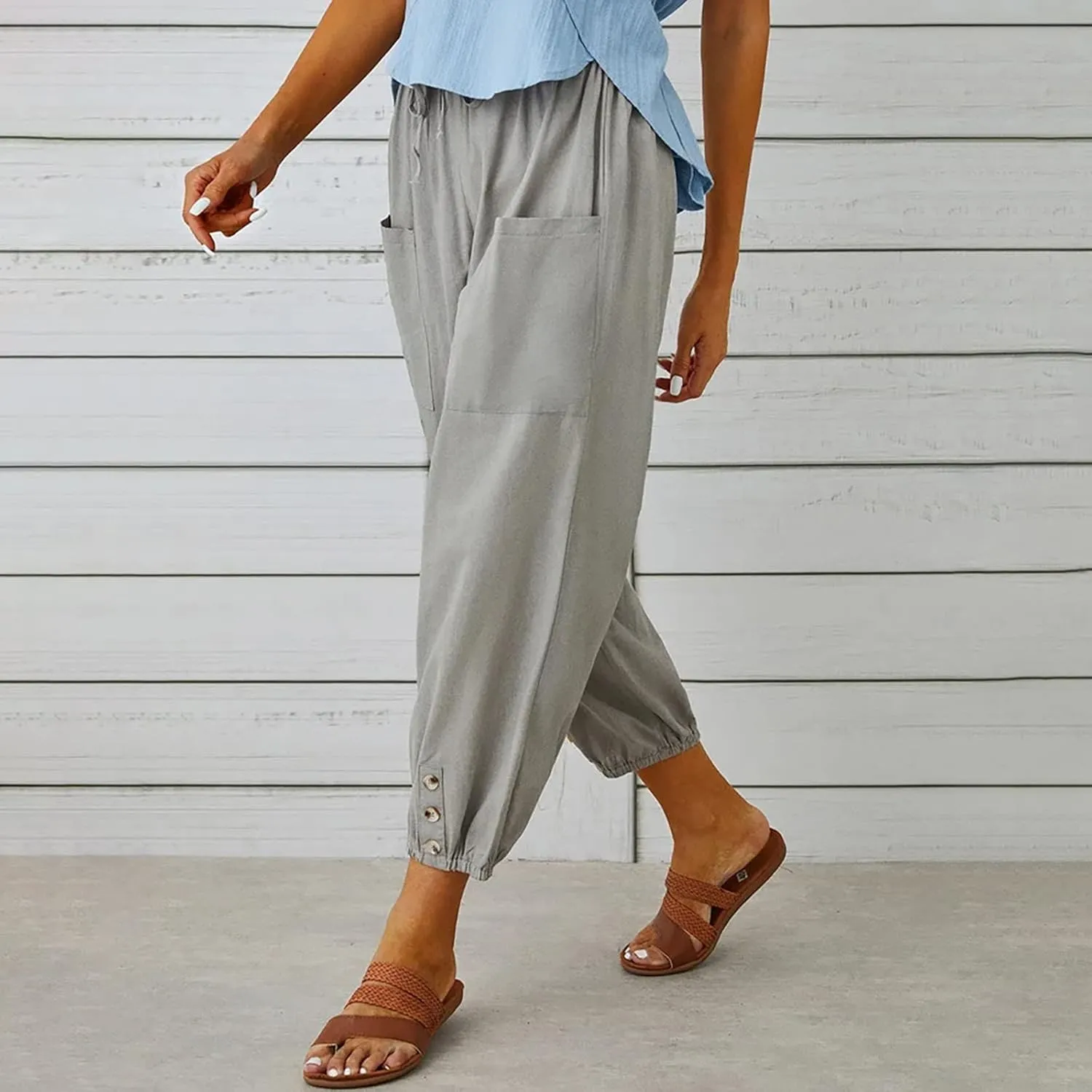 Drawstring Linen Pants for Women Loose Fit Button Down Pants High Waisted Wide Leg Pants Lounge Pants with Pockets