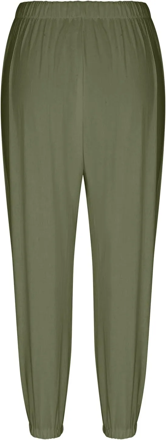 Drawstring Linen Pants for Women Loose Fit Button Down Pants High Waisted Wide Leg Pants Lounge Pants with Pockets