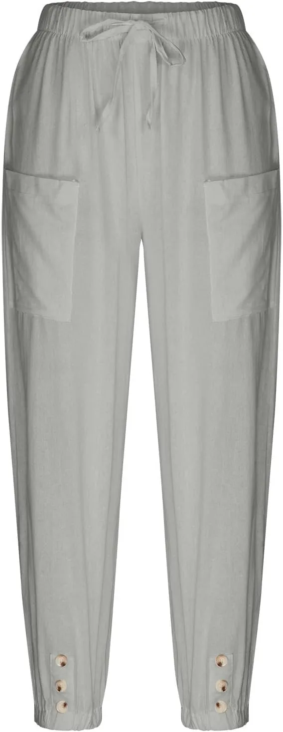 Drawstring Linen Pants for Women Loose Fit Button Down Pants High Waisted Wide Leg Pants Lounge Pants with Pockets
