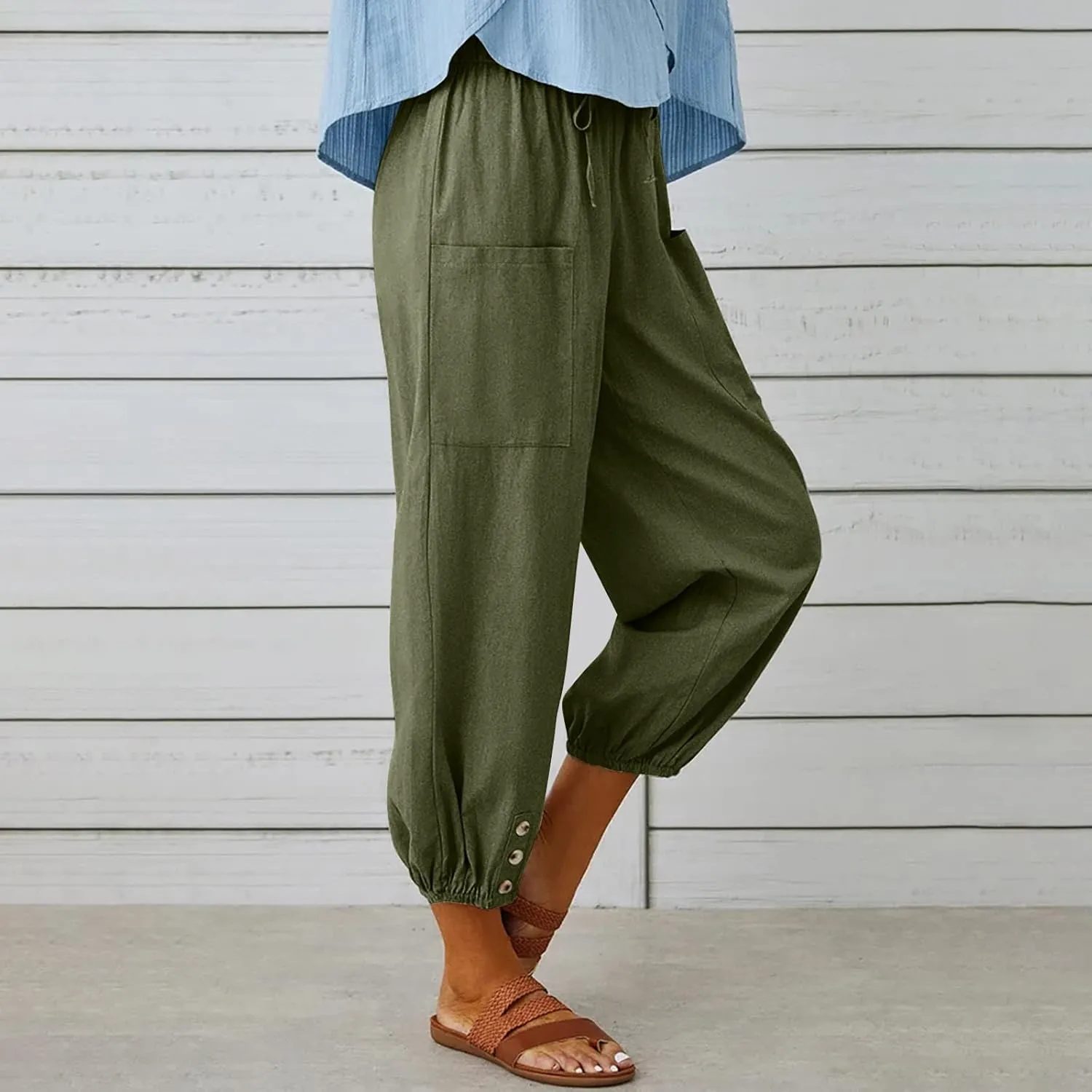 Drawstring Linen Pants for Women Loose Fit Button Down Pants High Waisted Wide Leg Pants Lounge Pants with Pockets